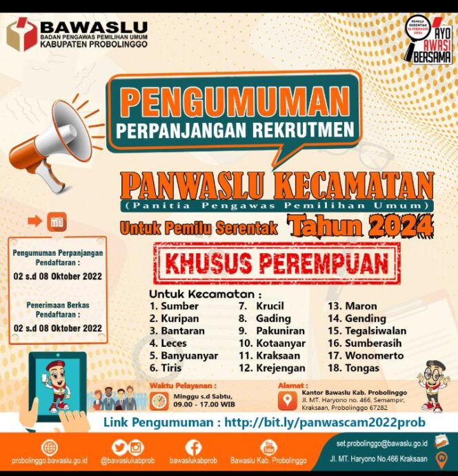 
					Informasi yang di edarkan oleh Bawaslu Kabupaten Probolinggo terkait perpanjangan pendaftaran Panwas Kecamatan. (Foto; Bawaslu)