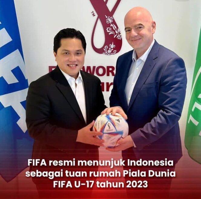 
					Ketum PSSI Erick Thohir bersama dengan Presiden FIFA Gianni Infantino. (Foto; ig @erickthohir)