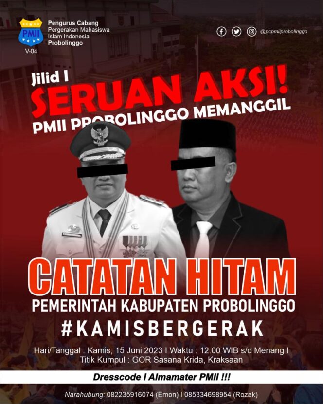 
					Poster yang berisi Plt Timbul dan Sekda Ugas yang menjadi polemik, membuat Ketua PC PMII Probolinggo di polisikan. (Foto: Istimewa/Suararakyatindo) 