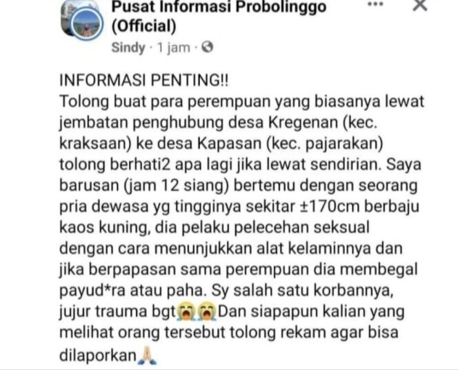 
					Postingan korban pelecehan seksual/begal payudara di Probolinggo. Foto: Ist/Grup Facebook