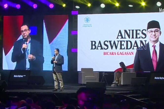 
					Anies Baswedan dalam acara 3 Bacapres bicara soal gagasan di Graha Sabha Pramana Universitas Gadjah Mada (UGM). (Foto: Kirwan/Tangkap Layar YouTube Najwa Shihab)