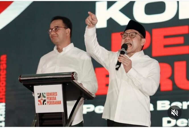 
					Anies Baswedan dan Muhaimin Iskandar saat sambutan. (Foto: Ig @cakiminow)