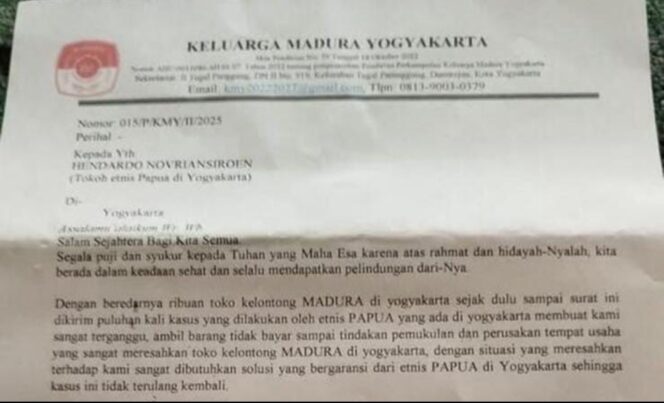 
					Surat Resmi Tantangan carok yang di lakukan oleh Komunitas Madura Terhadap Komunitas Papua. (Foto: SRI)