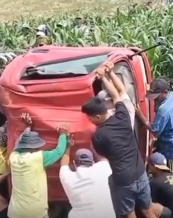 
					Truk tangki Bermuatan pupuk cair guling